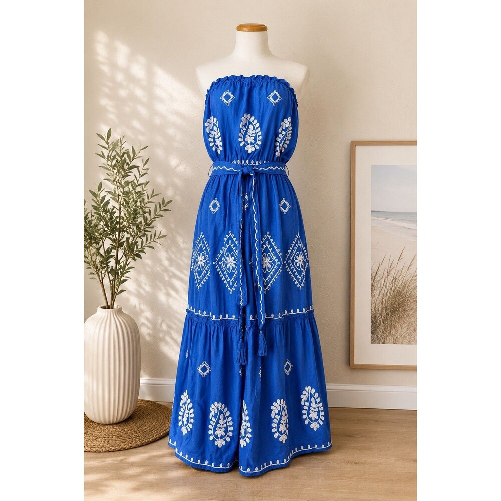 Elan Blue Size S Strapless Boho Embroidered Maxi Dress India Tiered Ruffle Belt